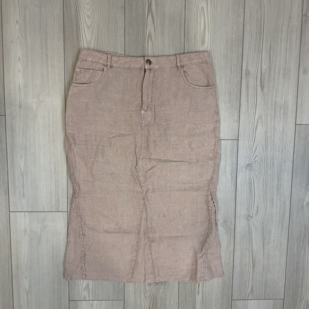 Zara Skirt Womens Large Linen Pink Y2K Low Rise Boho Long Blush Pink Raw Hem